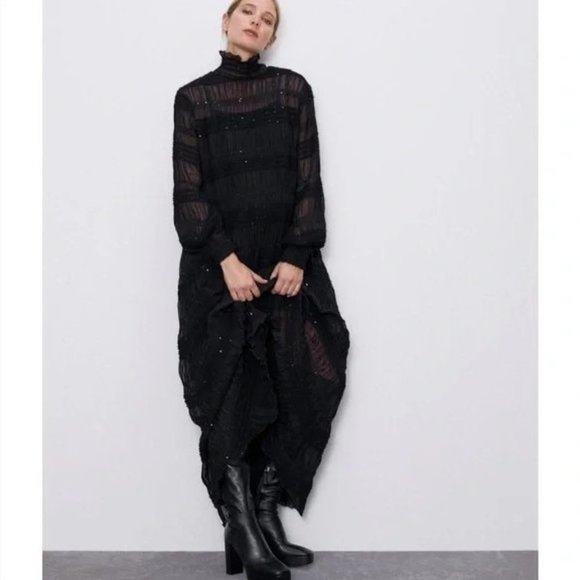 ZARA BLACK RUCHED SEQUIN HIGH NECK LONG SLEEVE MAXI DRESS S NWT - Picture 13 of 13